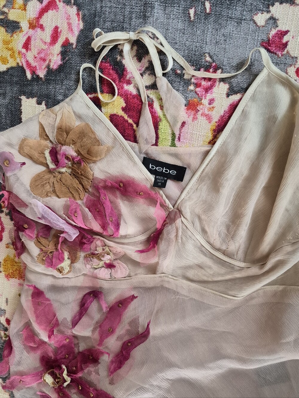 Bebe Sheer Cream Slip Top with Pink Floral Appliqué - Picture 3 of 5